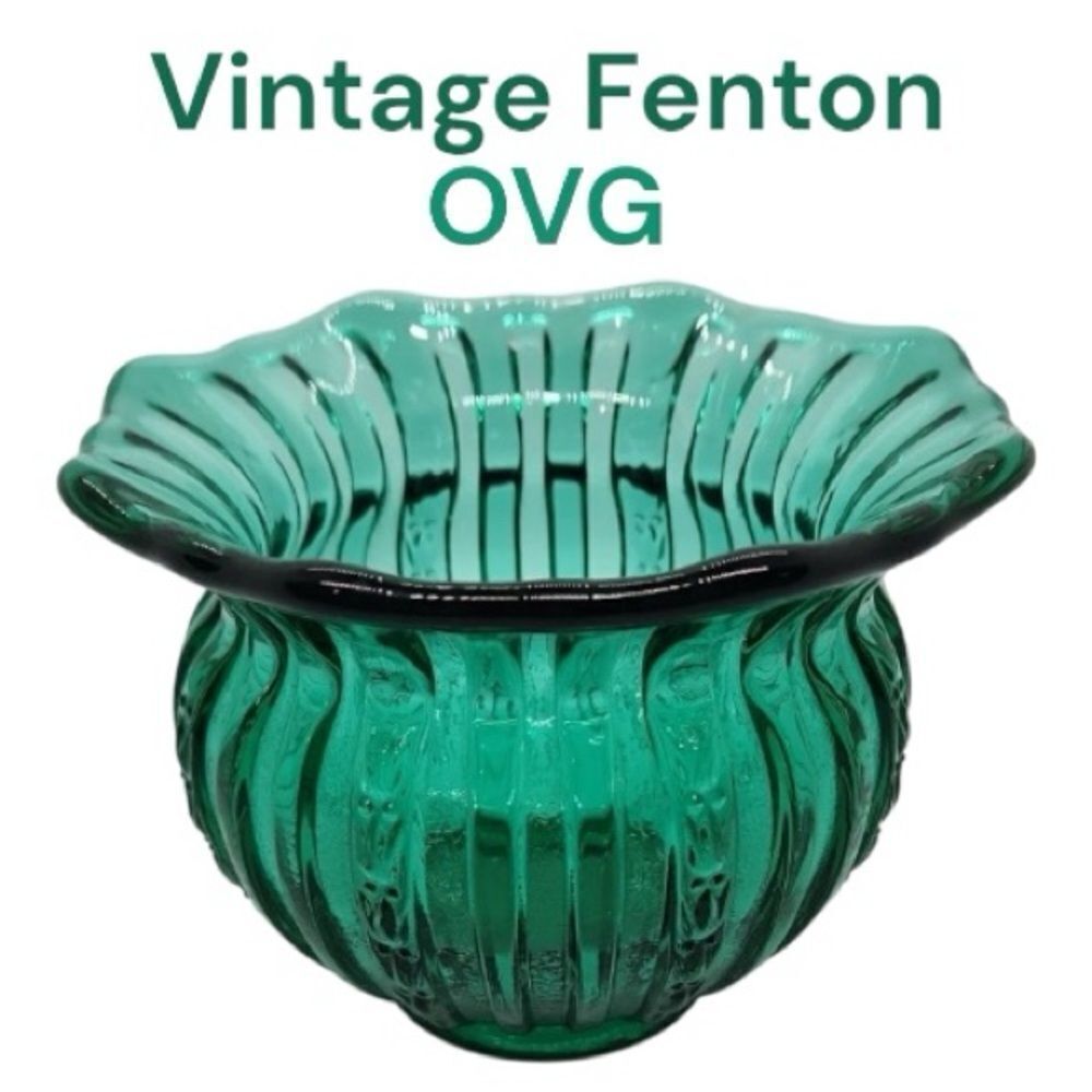 Vintage Fenton Green Bowl Vase w/Ruffled Edge OVG Old Virginia Glass